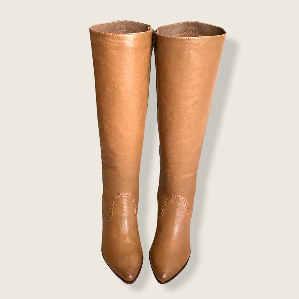 $458 RARE Frye Reed Chevron Heel Cognac Leather Tall Knee High Winter/Fall Boots - Picture 6 of 16